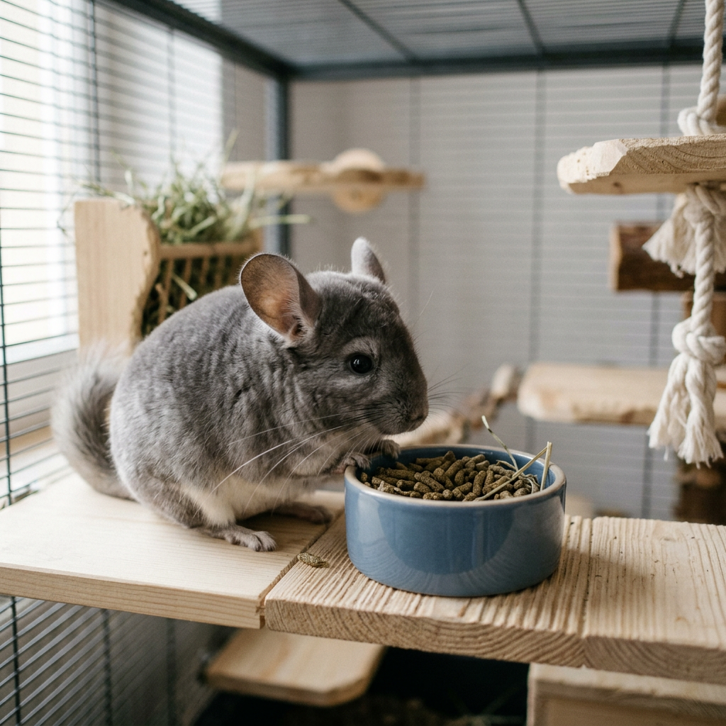 Chinchilla eating pellets from a blue bowl inside a cage with wooden platforms