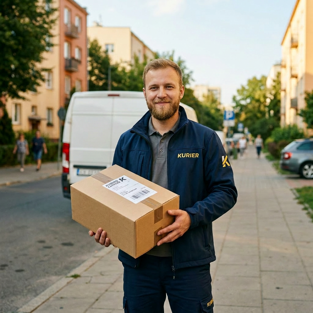 Courier in uniform holding a parcel in a neighborhood with a delivery van in the background
