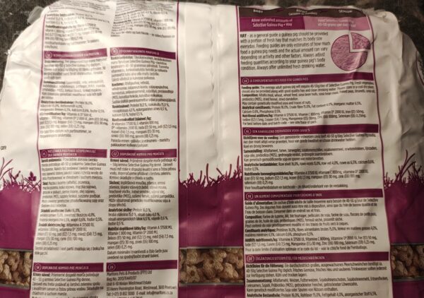 Karma dla świnki morskiej 1,5 kg – Science Selective z witaminą C-tylna strona